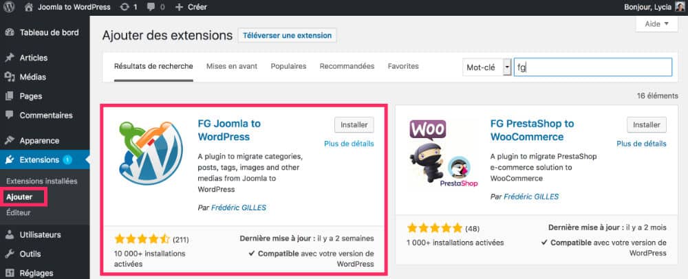 Plugin FG Joomla to WordPress