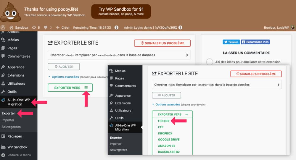 All In One WP Migration - étape 2