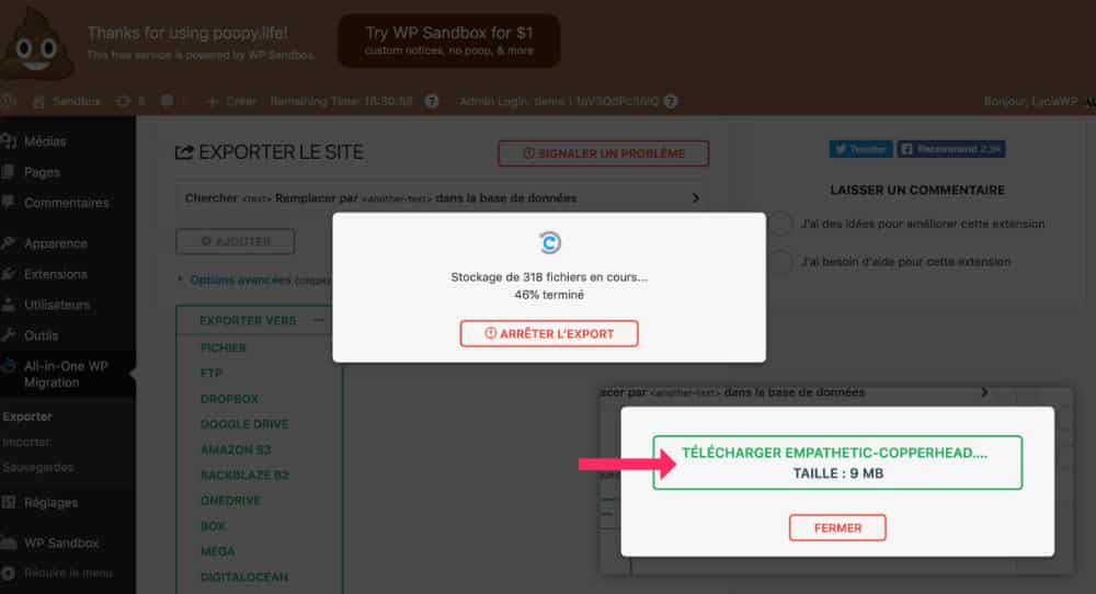All In One WP Migration - étape 3