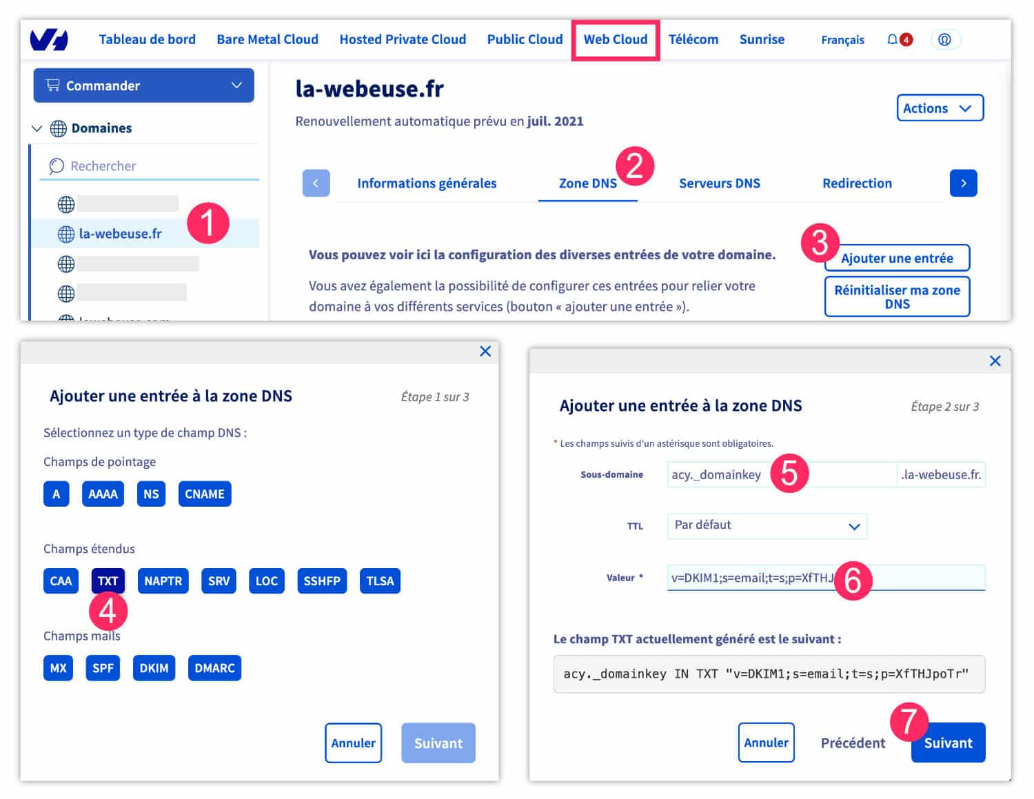 Ajouter la DKIM  dans une entree DNS