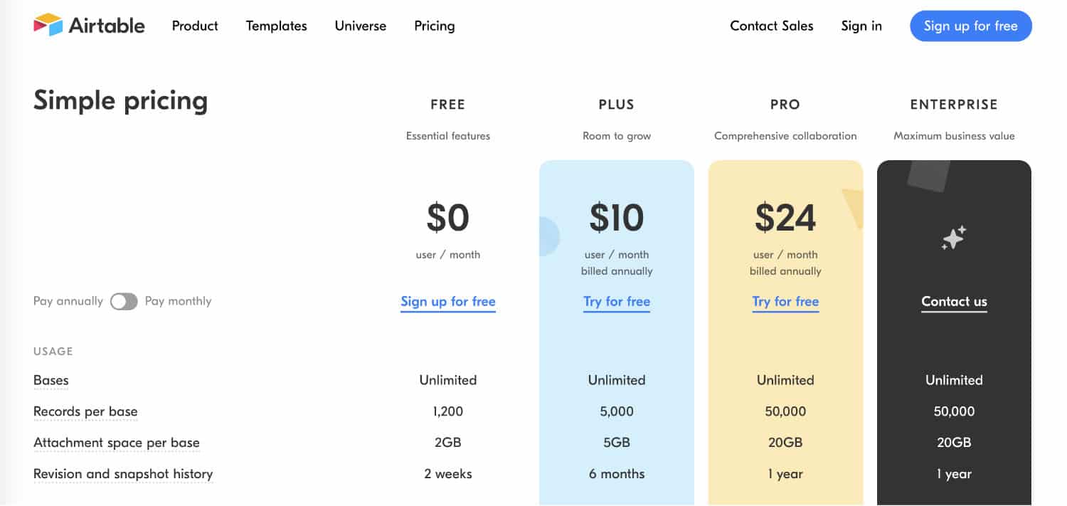 airtable pro plan pricing