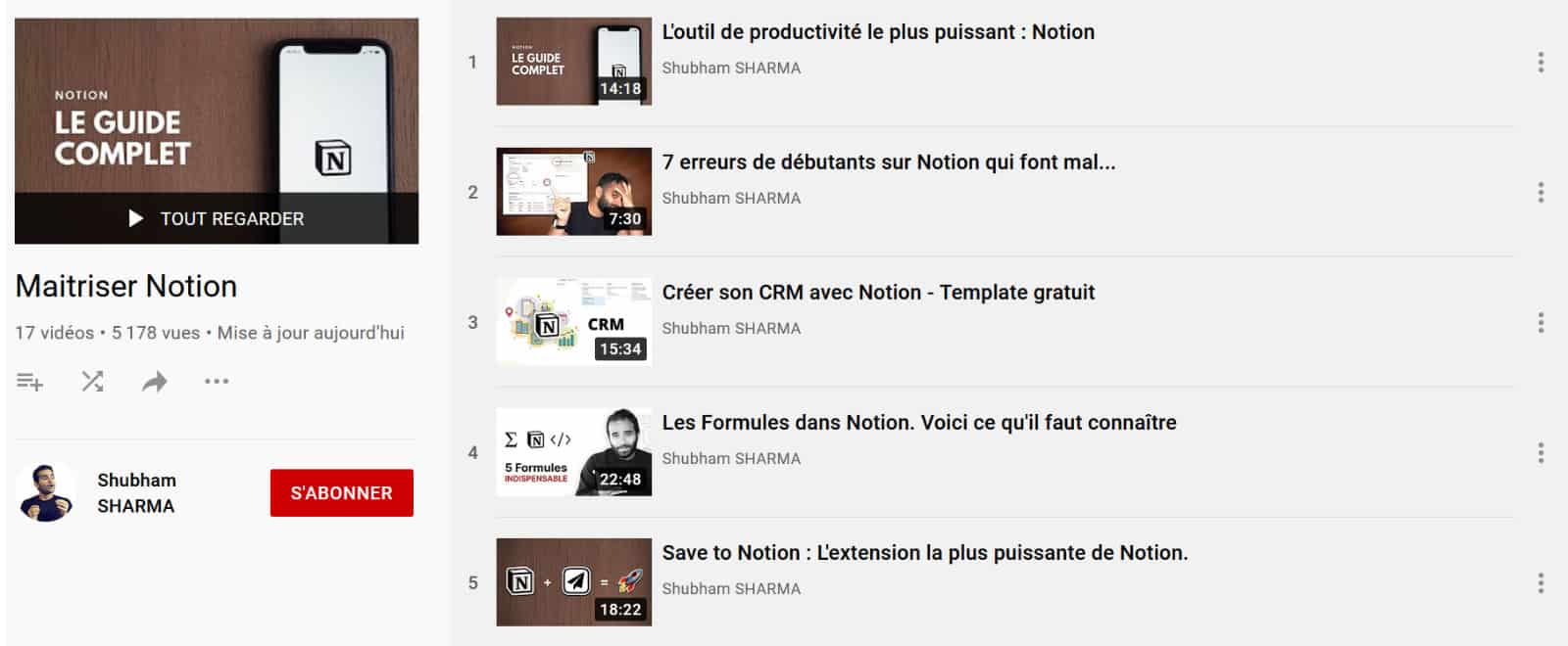 Chaine YouTube sur Notion