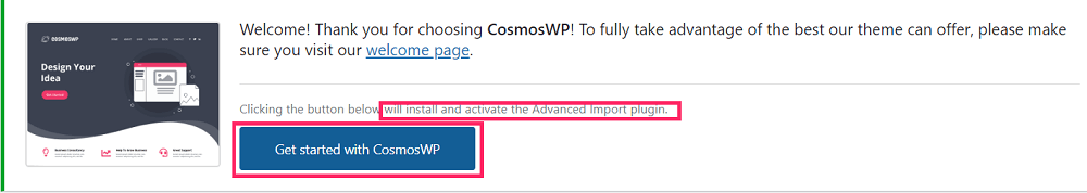 CosmosWP installation du plugin d'importation de démos en un clic (advanced import plugin)