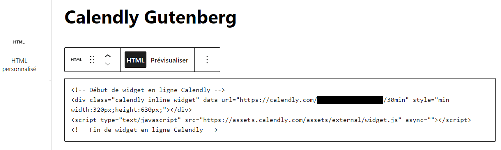 insertion html calendly en ligne gutenberg