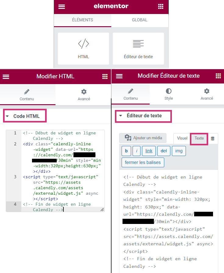 insertion html calendly en ligne widget elementor
