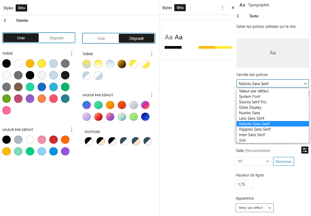 couleurs et styles du theme gutenify template kit