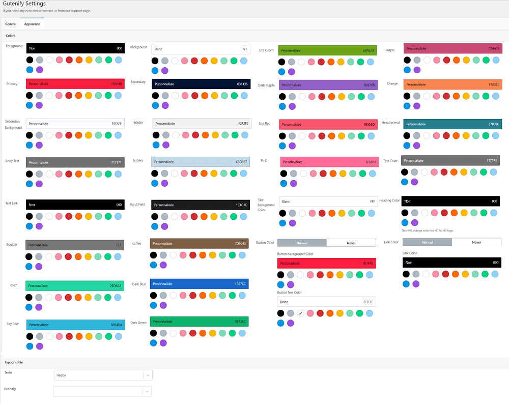 gutenify options couleurs polices