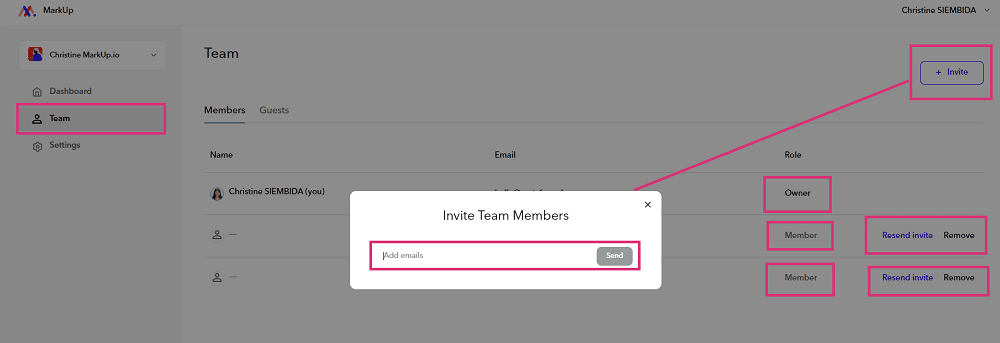 equipe feddback markup.io invitation membres