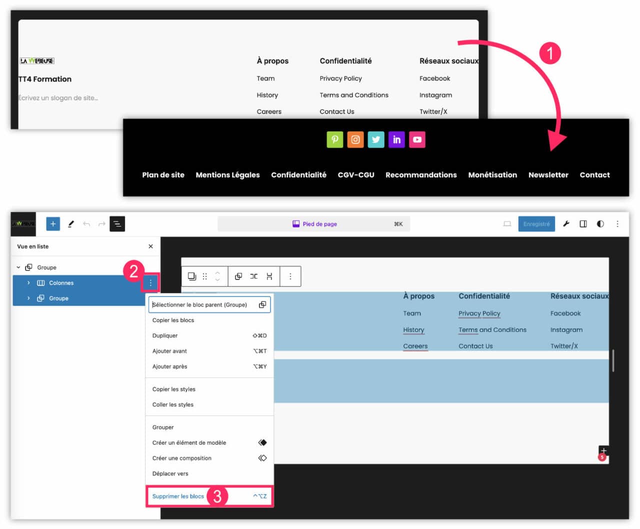 Personnaliser le pied de page (footer) de votre thème à blocs | La Webeuse