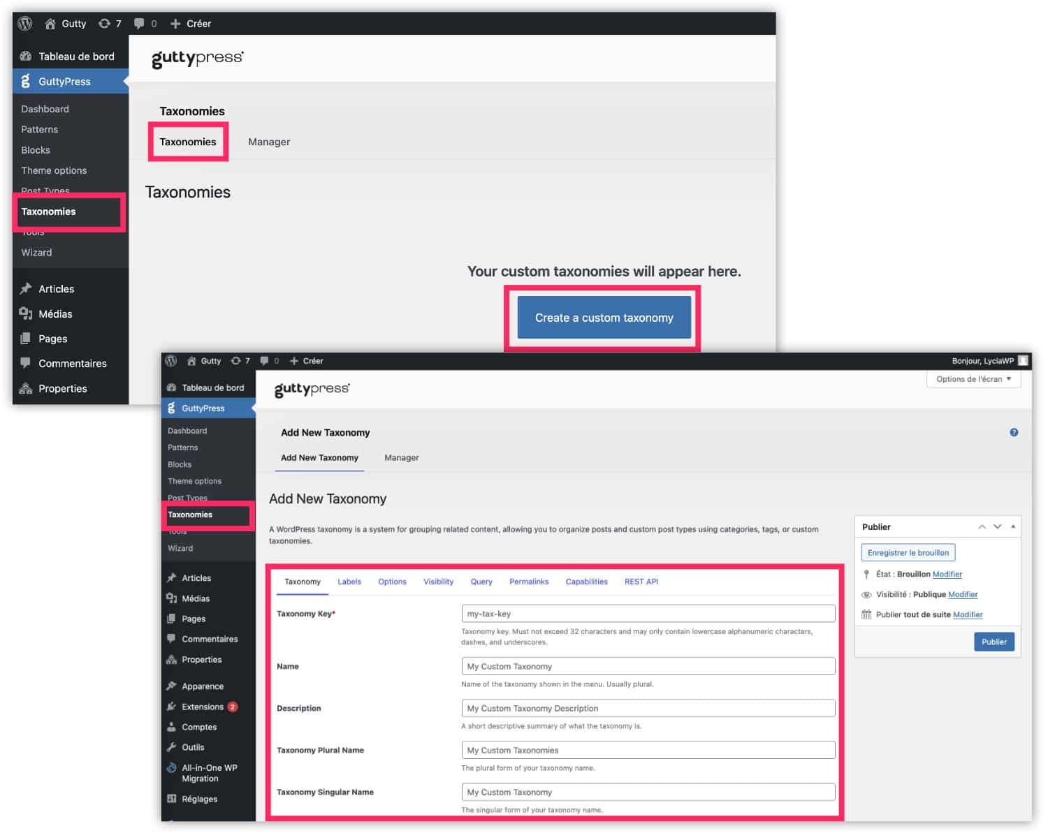 Taxonomies des Custom Post Type de GuttyPress